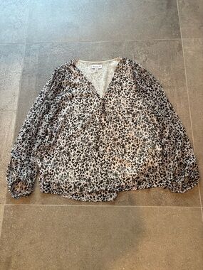 Veronica M Size L Beige and Black Animal Print V-Neck Blouse